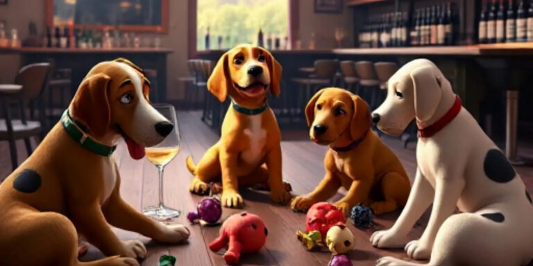 cartoony dogs sitting around with toys